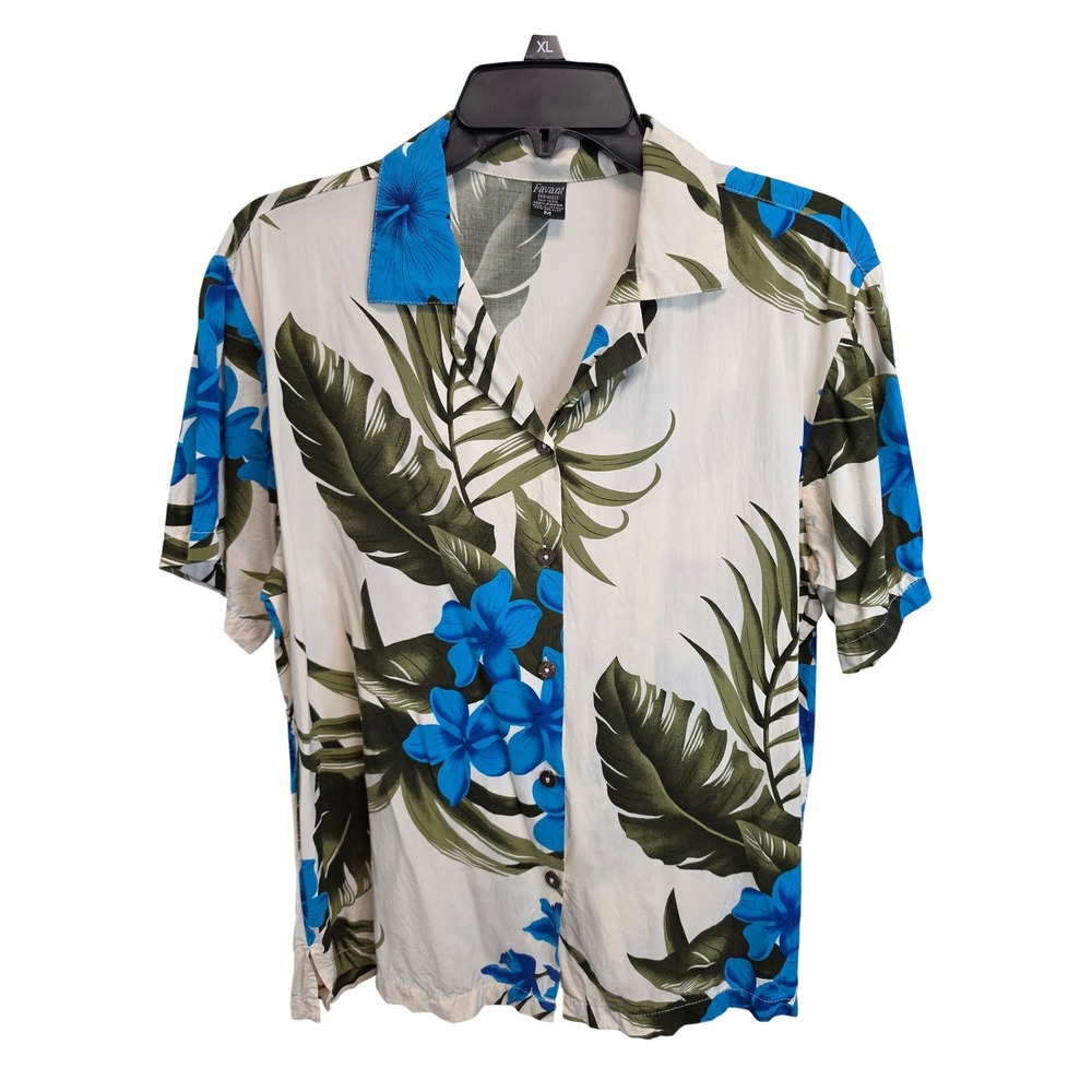 Favant Womens Hawaiian Shirt Blue Hibiscus Palm Leaf Rayon Camp Top White Size M